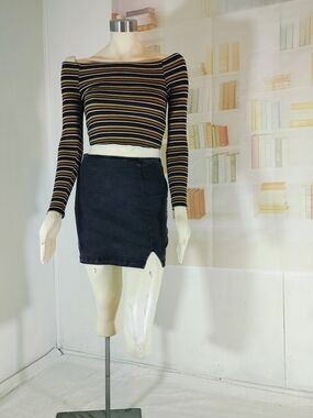 Striped Off-Shoulder Ribbed Crop Top in Black and Neutral Stripes